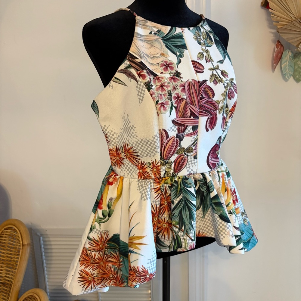 Anthropologie CAMEO Dahlia Floral Peplum Top. Spaghetti Straps! Lined. Excellent